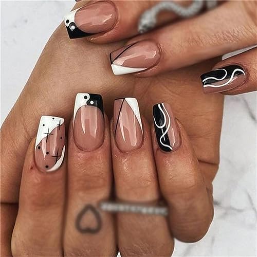 Schwarze weiße französische unregelmäßige falsche Nägel kurz quadratisch drücken auf Nägel für Frauen und Mädchen Nail Art Dekoration Maniküre 24 Stück von Crazynekos