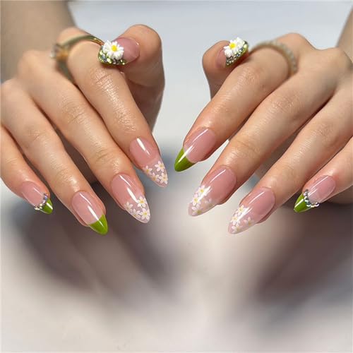 Soild Künstliche Fingernägel mit Blume, kurz, Mandelpresse, französische Spitzen, Nagelkunst, Dekoration für Frauen und Mädchen, Maniküre, 24 Stück von Crazynekos