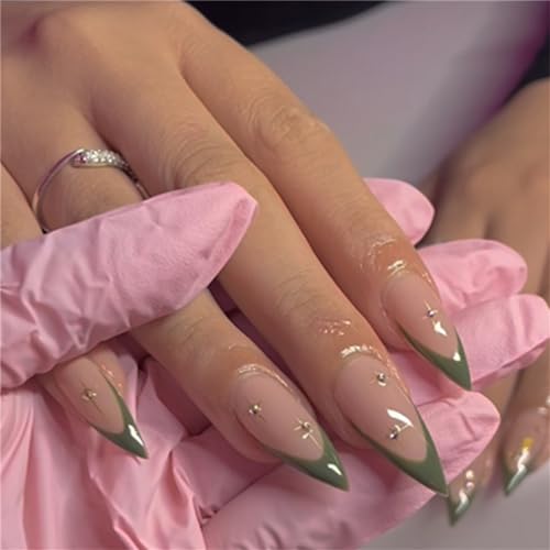 Stiletto Künstliche Fingernägel, lang, grün, französischer Diamant, zum Aufdrücken, für Nagelkunst, Dekoration für Damen und Mädchen, Maniküre, 24 Stück von Crazynekos