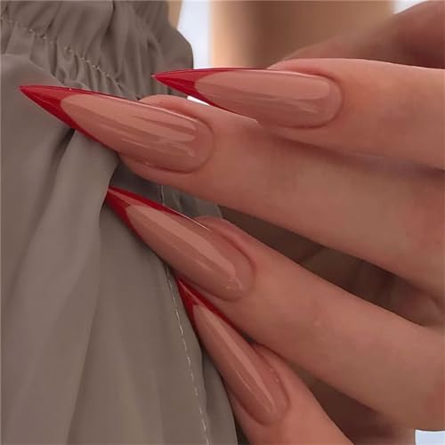 Stiletto Künstliche Fingernägel, stilvolle rote französische Spitzen, zum Aufdrücken auf Nägel für Nagelkunst, Dekoration für Frauen und Mädchen, Maniküre, 24 Stück von Crazynekos