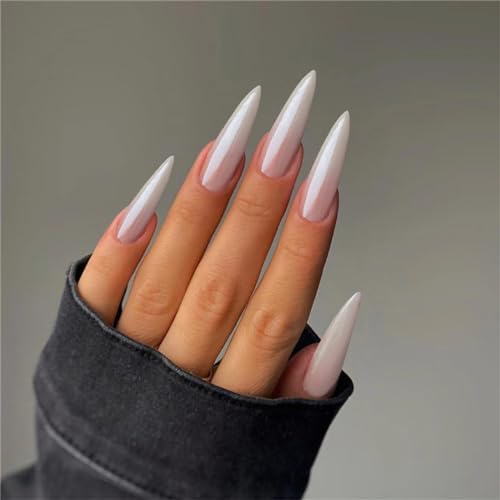 Stiletto lange künstliche Fingernägel, Aurora, schimmernd, weiß, zum Aufdrücken auf Nägel, französische Spitzen für Nagelkunst, Dekoration für Frauen und Mädchen, Maniküre, 24 Stück von Crazynekos