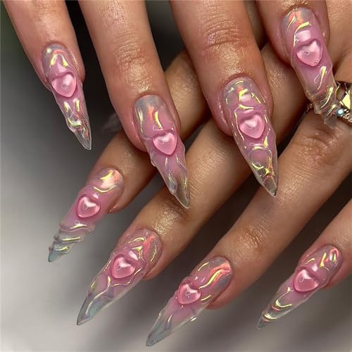 Stiletto lange künstliche Nägel, 3D, rosa Herz, Rouge, zum Aufdrücken auf Nägel, französische Spitzen für Nagelkunst, Dekoration für Frauen und Mädchen, Maniküre, 24 Stück von Crazynekos