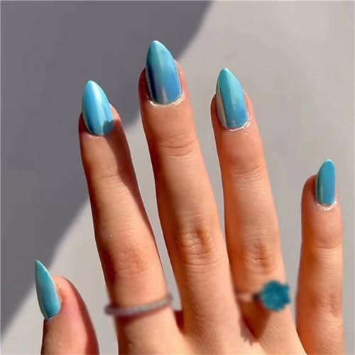 Stilvolle Aurora-blaue künstliche Fingernägel, Chrom, kurze Mandel-Presse auf Nägelspitzen für Frauen und Mädchen, Nagelkunst, Maniküre, Dekoration, 24 Stück von Crazynekos