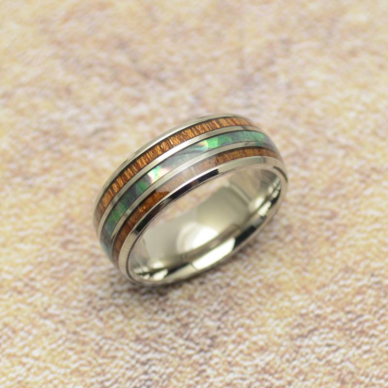 Ring Perlmutt Holz Edelstahl Silbern von Crazysteelhouse