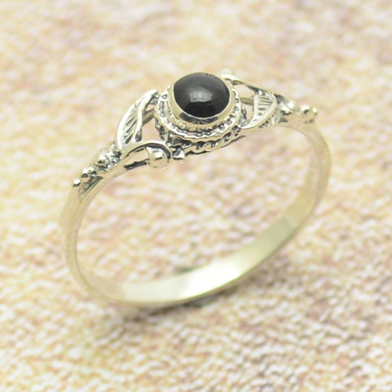 Ring Silber Schwarzer Onyx Damenring Blatt 925 Sterling von Crazysteelhouse