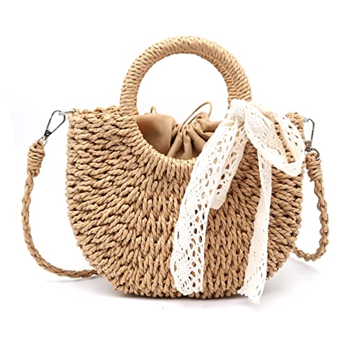 Crbeqabe Stroh-Clutch-Handtasche mit Tragegriff oben, Rattan-Strohtasche, Sommer-/Strandtasche, Umhängetasche, Umhängetasche, Reise-Strandtasche, Khaki, Einheitsgröße von Crbeqabe