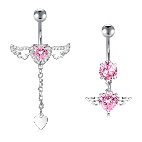 Crdifu 14G Bauchnabelpiercing Rosa Hängend Herz, 10mm Bauchnabelpiercing aus 316L Edelstahl mit Engel Flügel Anhänger, 2er Set Piercing Bauchnabel, Bananabell Piercing Kristallen Liebe Frauen Damen von Crdifu