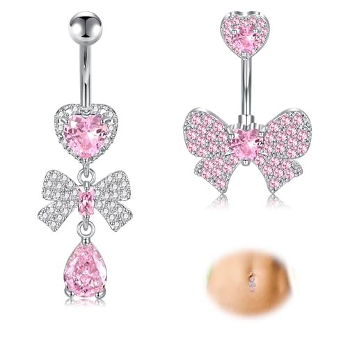 Crdifu 14G Bauchnabelpiercing Rosa Hängend Herz, 10mm Bauchnabelpiercing aus 316L Edelstahl mit Schleife Anhänger, 2er Set Piercing Bauchnabel, Bananabell Piercing Kristallen Liebe Frauen Damen von Crdifu