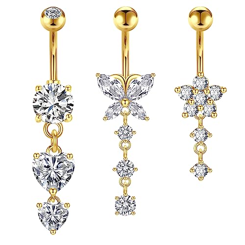 Crdifu 3stk Bauchnabelpiercing 10mm Gold Bauchpiercing Chirurgenstahl Herz Schmetterling Blume Anhänger Piercing Bauchnabel Damen von Crdifu