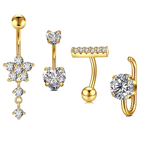 Crdifu 4stk Bauchnabelpiercing 10mm Gold Bauchpiercing Chirurgenstahl Herz Piercing Bauchnabel Schmuck Damen Blume von Crdifu