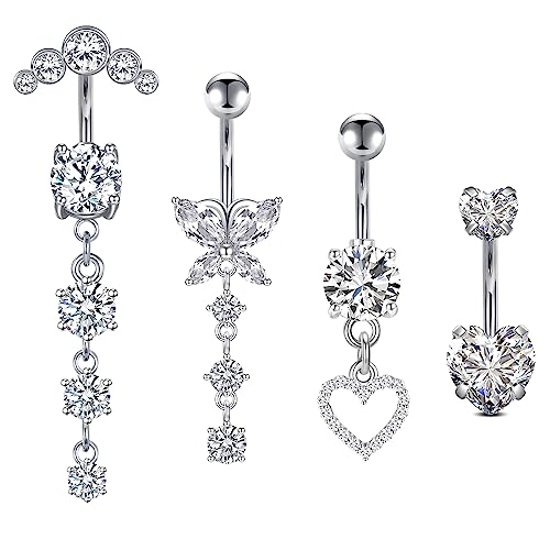 Crdifu 4stk Bauchnabelpiercing 10mm Silber Bauchpiercing Chirurgenstahl Herz Schmetterling Anhänger Piercing Bauchnabel Schmuck Damen von Crdifu
