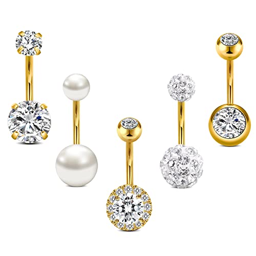 Crdifu 5stk Bauchnabelpiercing Gold 10mm Chirurgenstahl, 14G Piercing Bauchnabel, Bauchpiercing Schmuck 1,6mm, Bauchpiercing Stecker Set Perle Kristall Glitzer Stein, Bananabells Ringe für Damen von Crdifu