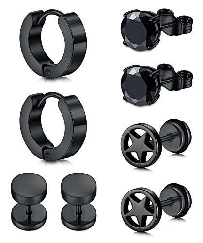 Crdifu Schwarz Ohrring & Ohrstecker für Männer Herren, 3 bis 4 Paar Ohrringe Plugs aus 316L Edelstahl Mann, Ohr Ringe Stecker mit Kristall Stein Geschenk von Crdifu