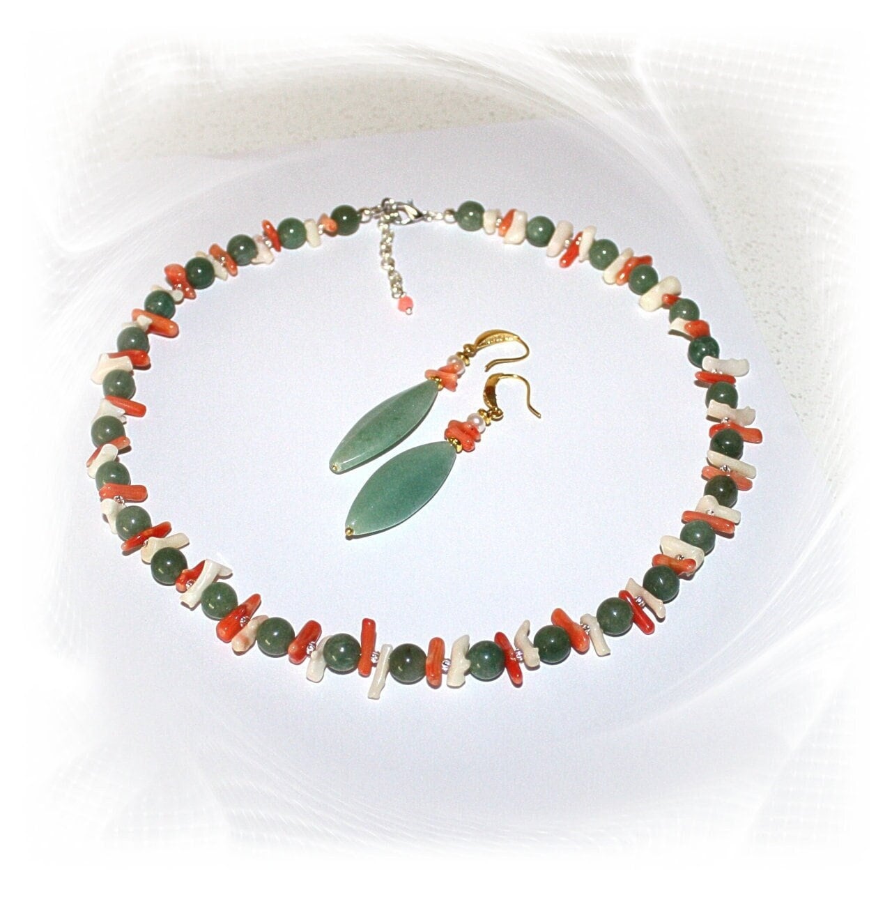 Kette, Kette Aventurin Mit Koralle, Collier Jade-Grün Edelsteinkette, Grün Orange von CreARTion