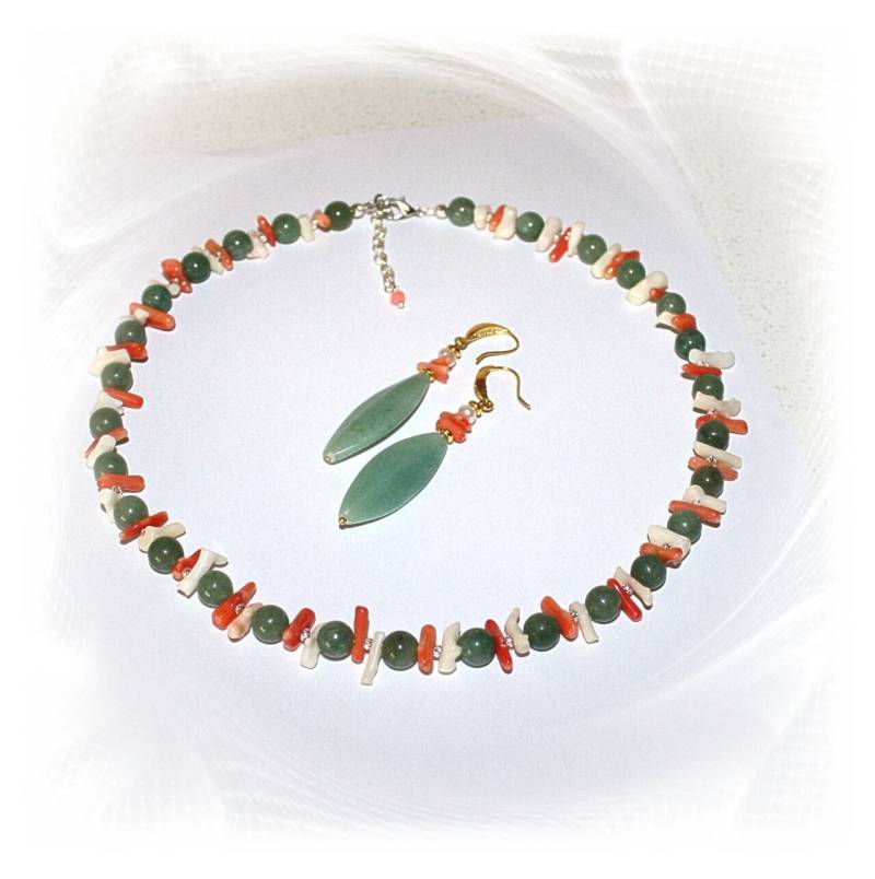 Kette, Kette Aventurin Mit Koralle, Collier Jade-Grün Edelsteinkette, Grün Orange von CreARTion