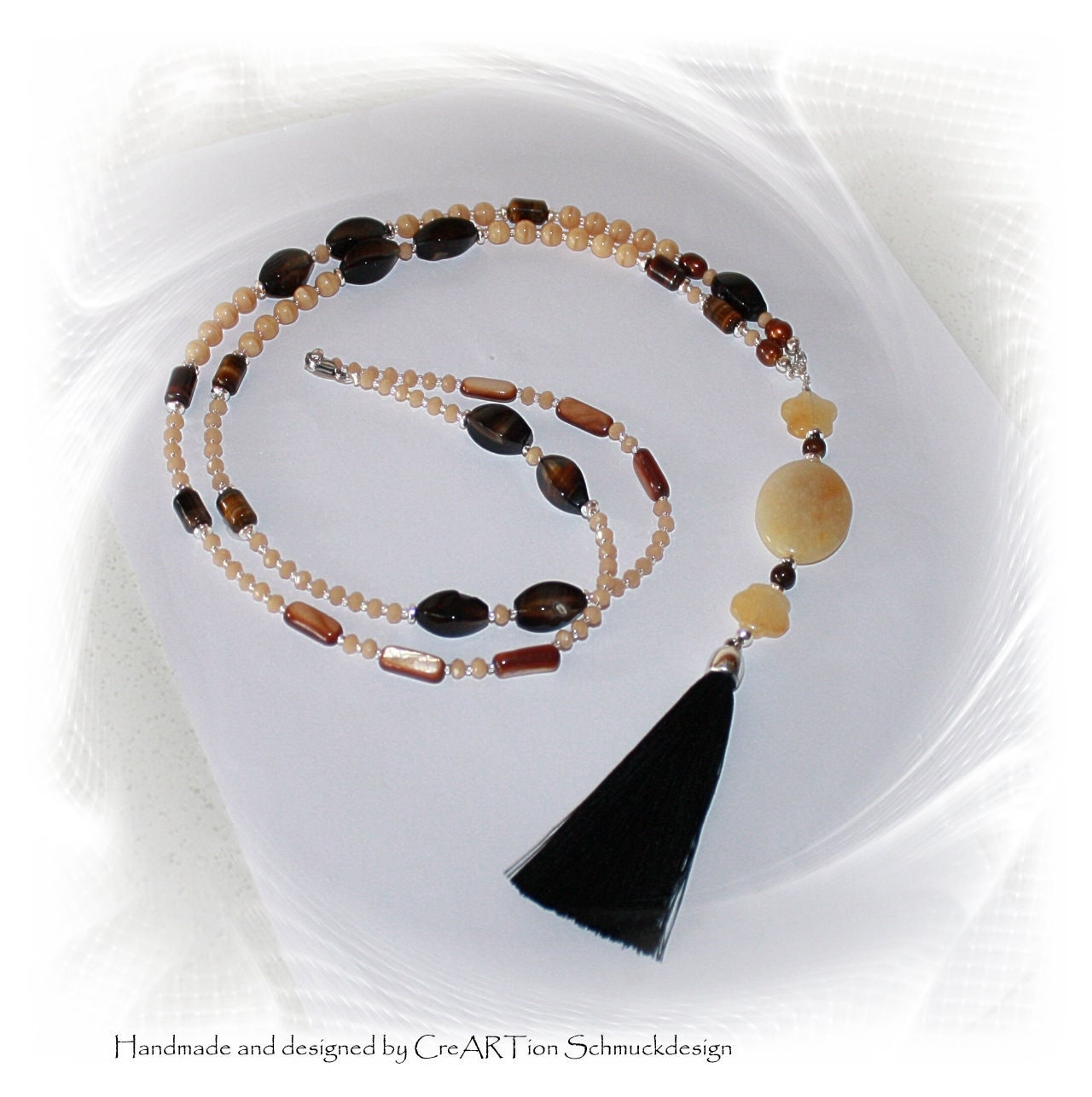 Kette, Lange Edelsteinkette, Boho Jade, Achat, Tigerauge, Mit Quaste von CreARTion