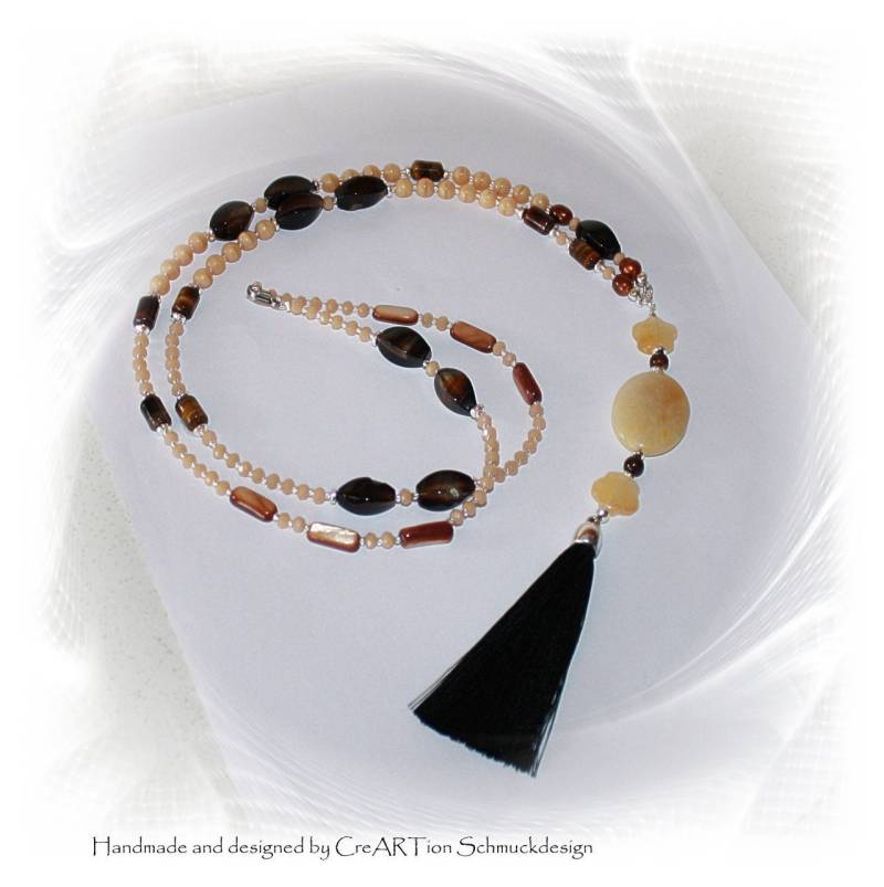 Kette, Lange Edelsteinkette, Boho Jade, Achat, Tigerauge, Mit Quaste Kette, Lange Edelsteinkette, Boho Jade, Achat, Tigerauge, Mit Quaste von CreARTion