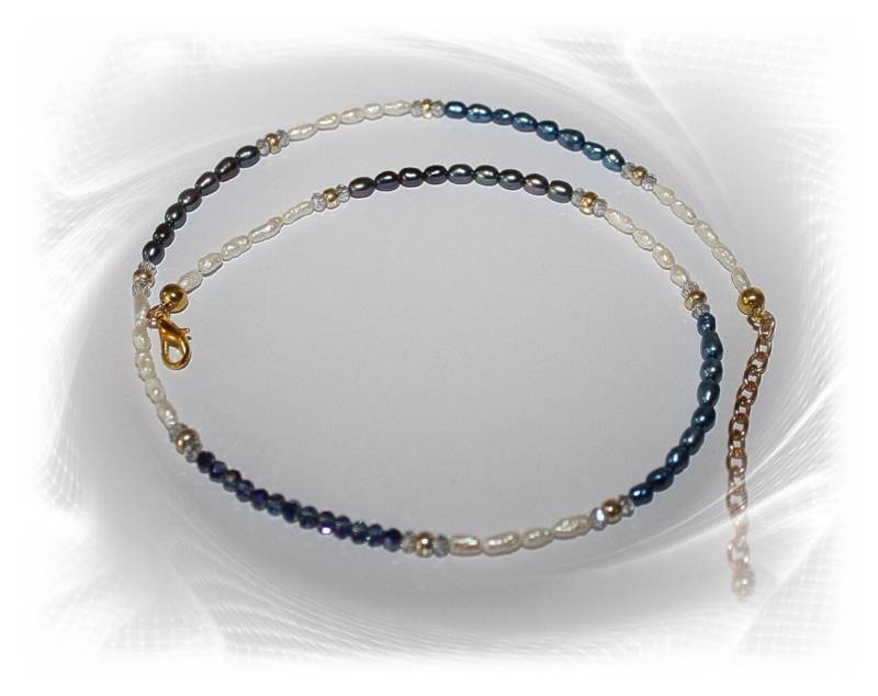 Kette, Zarte Kette Mit Süsswasserperlen Und Hämatit, Blau Weiß Silber Kette, Zarte Kette Mit Süsswasserperlen Und Hämatit, Blau Weiß Silber von CreARTion