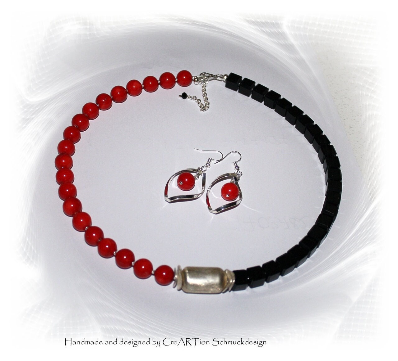 Kette Koralle Und Onyx, Collier Onyx Silber, Korallenkette, Versandkostenfrei von CreARTion