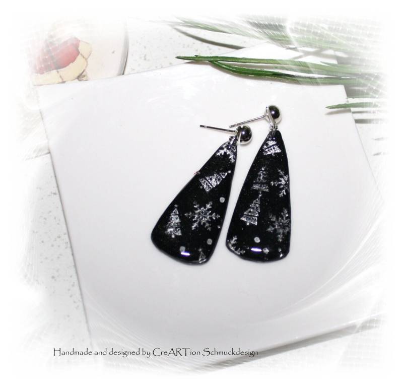 Ohrringe, Hängeohrringe, Weihnachtsmotiv, Ohrringe Weihnachten, Schwarz Silber, Polymer Ton von CreARTion