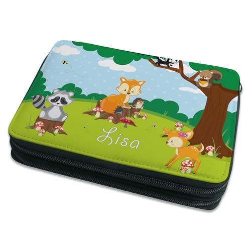 CreaDesign Kinder Federmäppchen mit (Wunsch) Namen, einzigartige Federtasche durch Personalisierung, Schulmäppchen - Motiv Waldtiere von CreaDesign