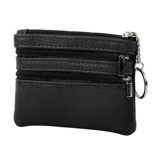 Creaher Damen Echtleder Münzbörsen Mini, Schwarz Geldbörse Münzbeutel Klein Herren Mit Schlüsselanhänger DREI Fächern Business Card von Creaher