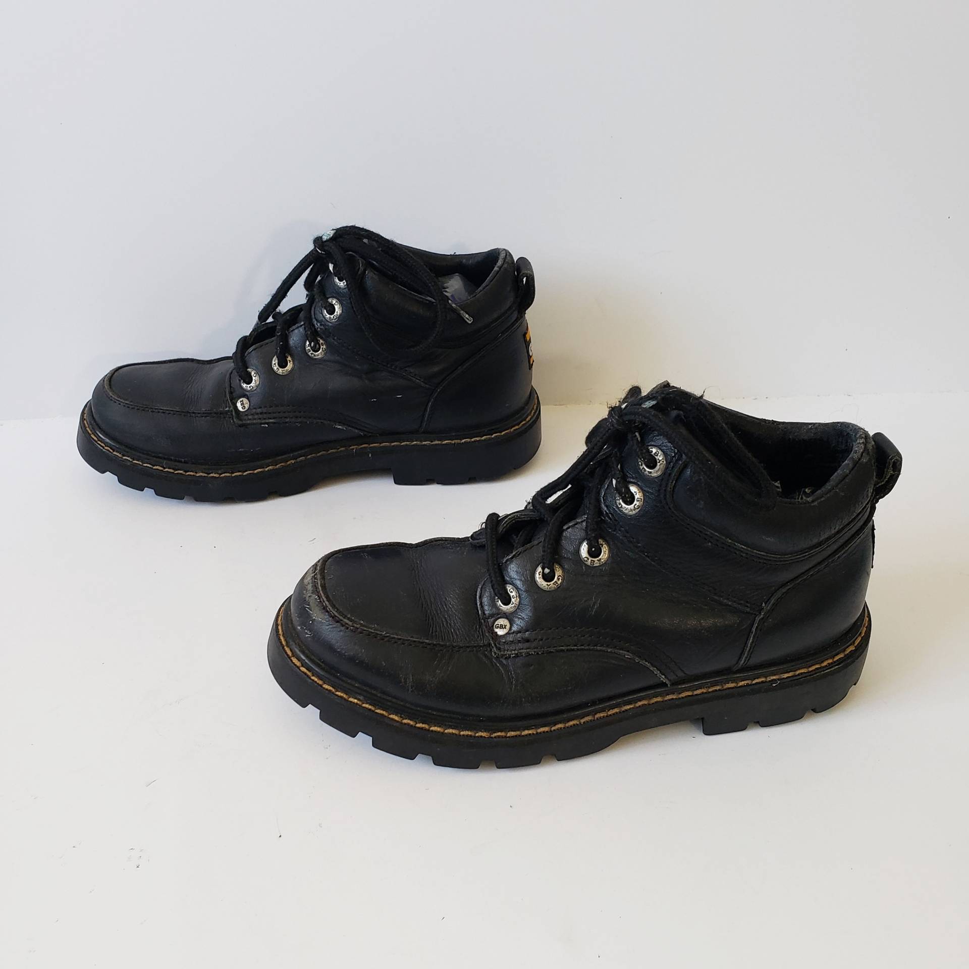 1990Er Jahre Gbx Schwarz Leder Blockabsatz Combat Ankle Boots Damen Größe 9, 5 Herren 8 von CreamcheeseThrift