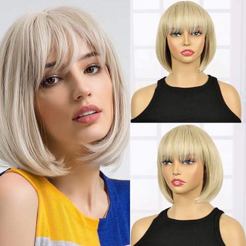 Creamily Blond Bob Perücken mit Pony Synthetische Perücken Hitzebeständige Faser Volle tägliche Party Perücken für Frauen (Gemischt Blond# 16/613) von Creamily