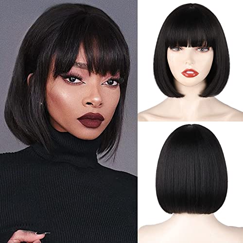 Creamily Perücke Bob Kurze Schwarze, 25,4 cm, Gerade mit Flachem Pony, Synthetische Bunte Perücke Cosplay Halloween für tägliche Partys für Damen, Natürlich wie Echtes Haar von Creamily
