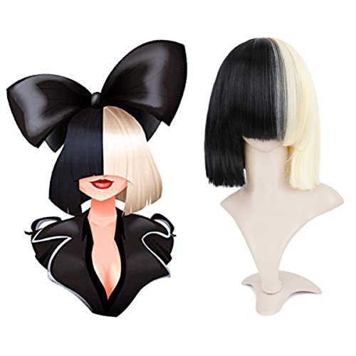 Creamily Halb blond Schwarz 2 Ton Kurze Glatte Bob Perücke für Damen Synthetische Vollperücken Schulterlange Cosplay Perücken mit Pony für Frauen Mädchen 14 Zoll von Creamily