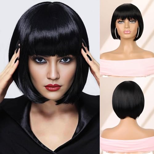 Creamily Perücke Kurze Schwarz Bob für Damen, kurze schwarze Bob-Perücke mit Pony, leicht, Kunsthaar für Damen, natürliches 25,4 cm, Soft-Touch, Cosplay-Party für Mädchen, täglicher Gebrauch von Creamily