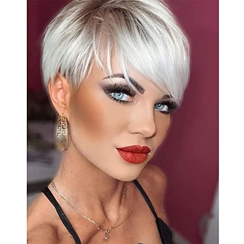 Creamily Perücke Kurze Damen Perücke Pixie Cut Kurzes Haar mit Bangs Natürliche Gestufte Kunsthaar Kurze Haar Cosplay Halloween für Damen Ombre Platinblond von Creamily