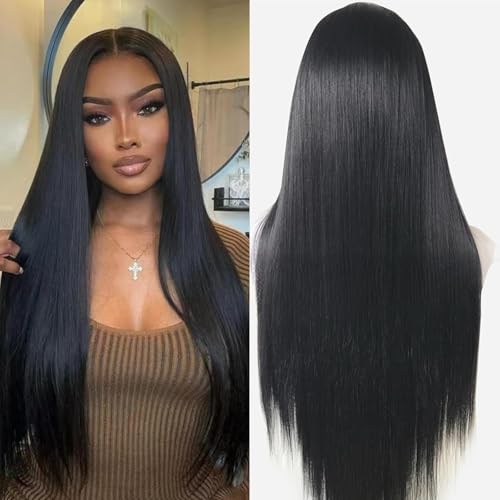 Creamily 13x3 Schwarze Glatte Lace Front Perücke für Schwarze Damen, Lange Glatte Kunsthaar-Spitzenfront Perücke, Lange Voll für Damen für täglichen Partygebrauch, 30 Zoll von Creamily