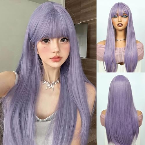 Cremige Lila Perücke mit Pony, Lang, Glatt, Lavendelfarben für Damen, Lange, Glatte Hellviolette Perücke mit Pony, Natürliches Kunsthaar für Alltag, Party, Cosplay von Creamily