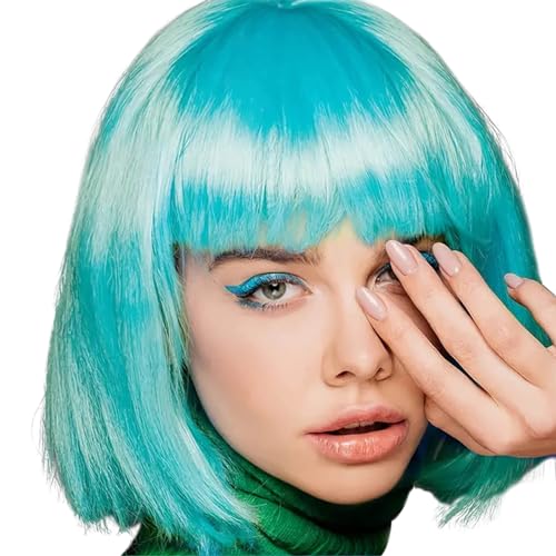 Creamily Perücke Bob Kurze, glatte Bob Perücke mit Pony für Damen, glatte Bob-Perücke aus synthetischem Bob, Cosplay-Perücke, Bob für Damen, bunte Kostümperücke (blau) von Creamily