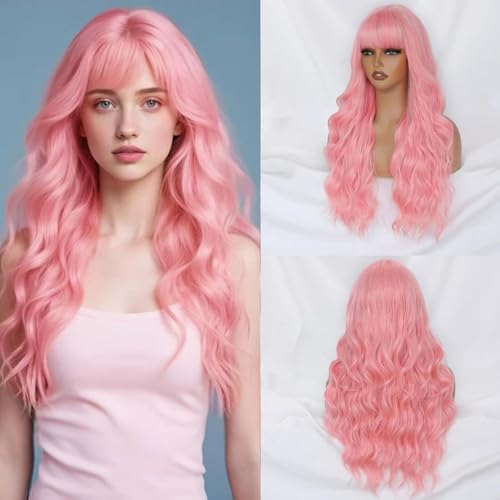 Creamily Perücke Rosa mit Pony, Perücken Lange Rosa für Damen, Lockiges, Gewelltes Haar, Natürlich Aussehende Kunsthaarperücke für Damen, Halloween-Partys, 61 cm von Creamily