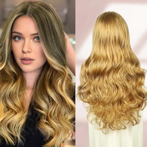 Creamily Lange Perücke Damen, Lange, Gewellte Ombre Perücke mit Pony, Blonde Perücke, Natürliche Kunsthaar Perücken (Schwarz, Gemischtes Blond, 61 cm) von Creamily