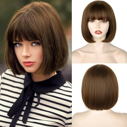 Creamily Perücke Bob Kurz Glatte in Braun mit Pony für Damen, Natürliche, Perücke Glatte Bob aus Kunsthaar für Mädchen, Braun Farbe, Kostüm, Cosplay, Party, Täglicher Gebrauch von Creamily