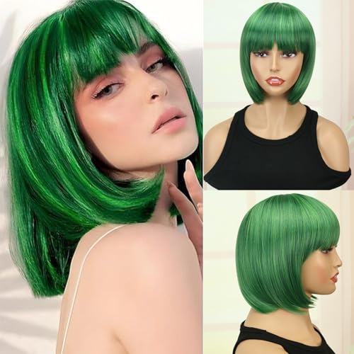 Creamily Perücke Bob Kurz Glatte in Grün mit Pony für Damen, Natürliche, Perücke Glatte Bob aus Kunsthaar für Mädchen, Grün Farbe, Kostüm, Cosplay, Party, Täglicher Gebrauch von Creamily