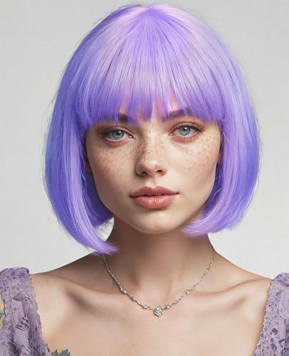 Creamily Perücke Bob Kurz Glatte in Lila mit Pony für Damen, Natürliche, Perücke Glatte Bob aus Kunsthaar für Mädchen, lila Farbe, Kostüm, Cosplay, Party, täglicher Gebrauch von Creamily