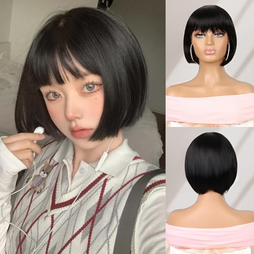 Creamily Perücke Bob Kurz Glatte in Schwarz mit Pony für Damen, Natürliche, Perücke Glatte Bob aus Kunsthaar für Mädchen, Schwarz Farbe, Kostüm, Cosplay, Party, Täglicher Gebrauch von Creamily