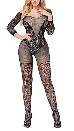 Creamlin Damen Dessous Babydoll Fischnetz Body Strümpfe Nachtwäsche Adult Lace Bodysuit (Schwarz) von Creamlin