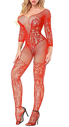 Creamlin Damen Dessous Babydoll Fischnetz Body Strümpfe Nachtwäsche Adult Lace Bodysuit (rot) von Creamlin