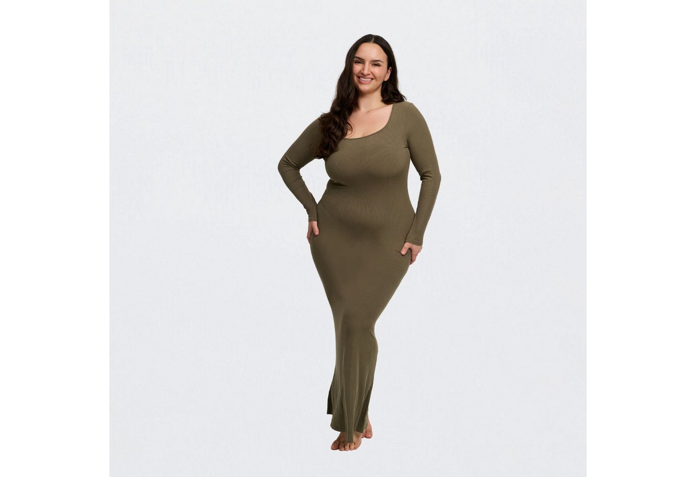 Creamy Fabrics Jerseykleid Ribbed Long Sleeve Maxikleid-Army Green-XS (1-tlg) von Creamy Fabrics