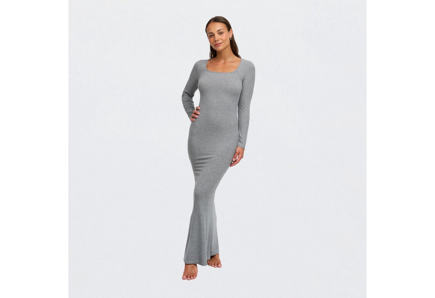 Creamy Fabrics Jerseykleid Ribbed Long Sleeve Maxikleid-Grey Melange-XS (1-tlg) von Creamy Fabrics