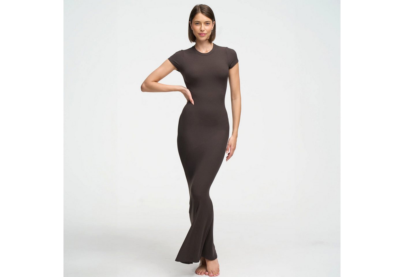 Creamy Fabrics Jerseykleid Ribbed T-Shirt Maxikleid-Ash Brown-M (1-tlg) von Creamy Fabrics