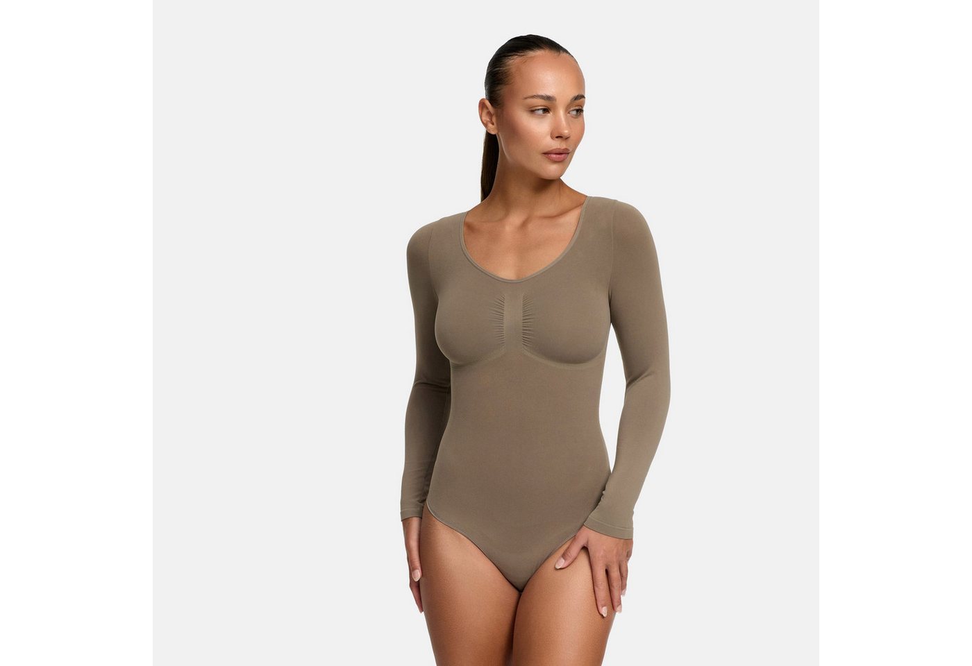 Creamy Fabrics Miederbody Bodysuit Sculpting Shapewear Longsleeve mit String (2)-Taupe-XL von Creamy Fabrics