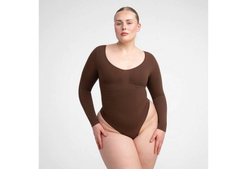 Creamy Fabrics Miederbody Bodysuit Sculpting Shapewear Longsleeve mit String-Braun-L (1-tlg) Figurformend von Creamy Fabrics