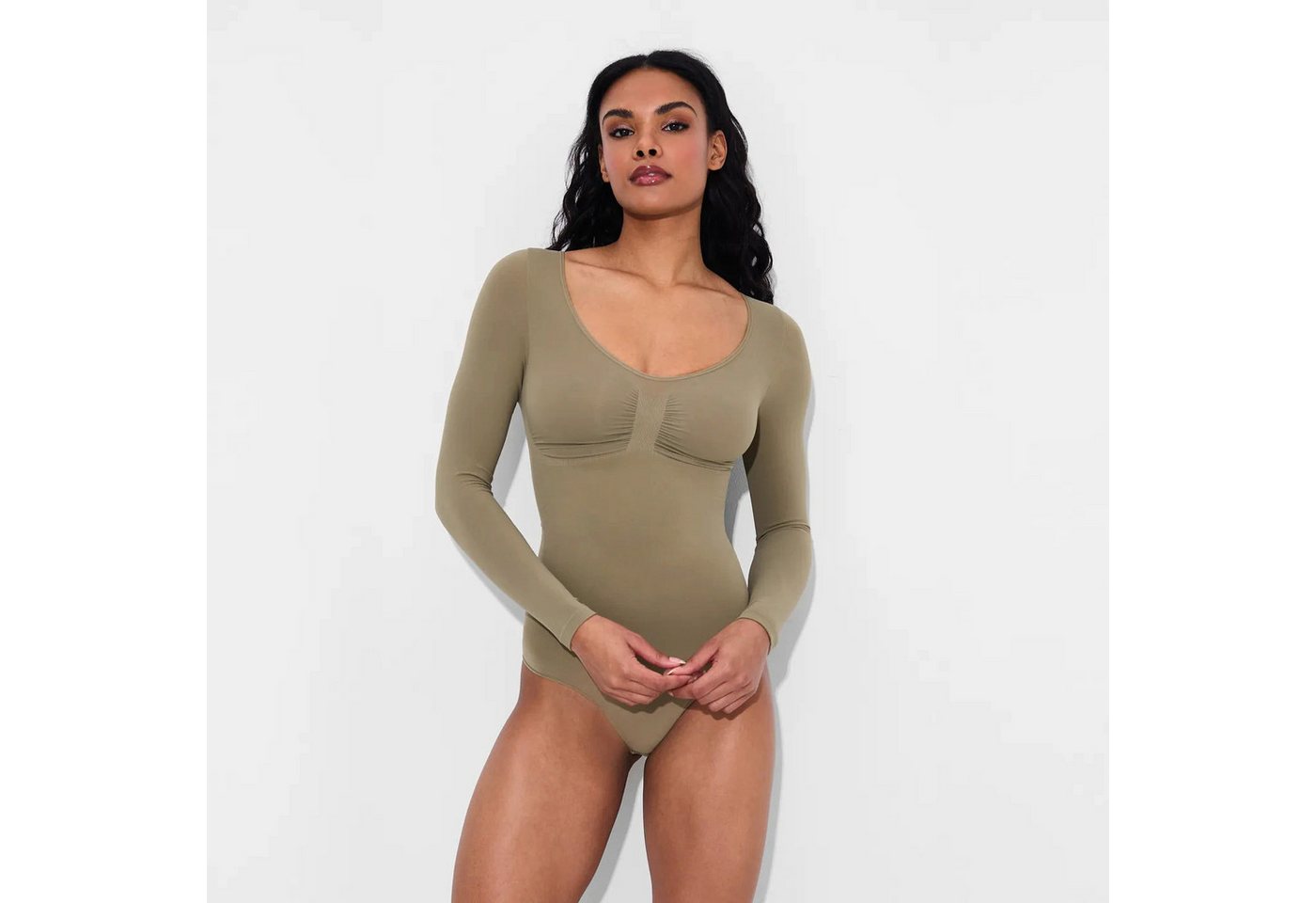 Creamy Fabrics Miederbody Bodysuit Sculpting Shapewear Longsleeve mit String-Olive Green-2XL (1-tlg) Figurformend von Creamy Fabrics