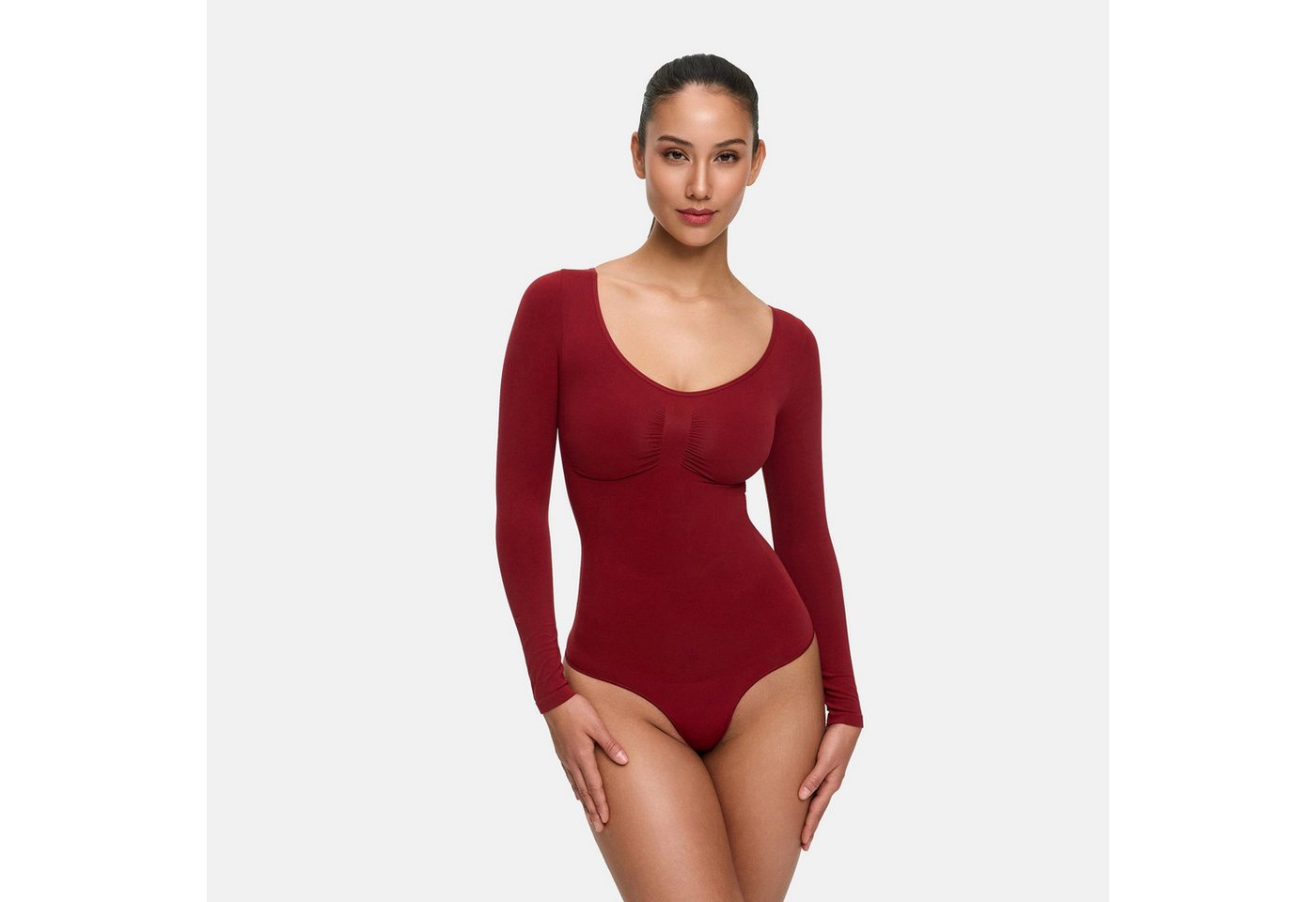 Creamy Fabrics Miederbody Bodysuit Sculpting Shapewear Longsleeve mit String-Wine Red-2XL (1-tlg) Figurformend von Creamy Fabrics